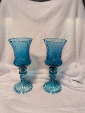 Pair of Turquoise Blue Pressed Glass Hurricane Candlestick Holders picture