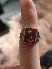 Vintage Art Deco Masonic Ring Signet 10 Kt 1930s-1940s Size 10 Ruby Glass picture