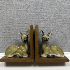 Vtg MCM Ceramic Deer Bookends Japan Kitsch Fawn Bambi Wood Base picture