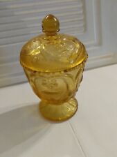 VTG AMBER beveled GLASS CANDY DISH & LID HEART SCROLL PATTERN~ pedastal base picture