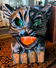 Paper Mache style Halloween Black Cat on a Orange Fence lighted Lantern 7.5