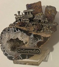 Vintage Nice Geode Rock with Locomotive Train Set on Top, Colorado, Railroad picture