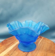 Westmoreland Blue Mist Satin Glass Grape Vine Ruffled Edge Footed Compote Dish picture