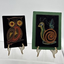 Vint MCM String Art Wall Hangings-Owl & Snail With Butterfly -Lot of  2 - 5x7” picture