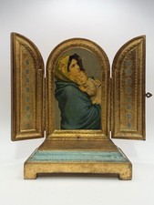 Vintage Italian Florentine Gilt Wood Triptych Madonna Child Icon Music Box picture