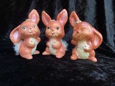 Vintage Norcrest Bunny Rabbit Figurine Trio Set 1950s Fur Tail Japan Kitsch picture