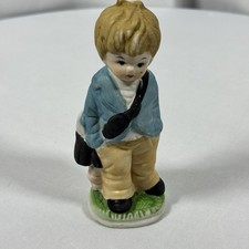 Vintage Porcelain Schoolboy Figurine Blue Jacket Satchel Made in Taiwan picture