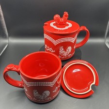 Temp-tations Doodle Doo Red Rooster 20oz Soup Meal Mugs with Rare Lids Set of 2 picture