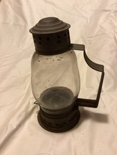 Antique 19th C Skater’s Hand Lantern Clear Glass Globe Tin Kerosene Oil Lamp picture