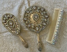 Silver Plated Rhinestone Jeweled Vanity Set Mirror Brush Comb Aurora Borealis picture