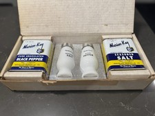 RARE VTG Marion Kay House of Flavors Milk Glass Salt Pepper Shakers w/ Full Tins picture