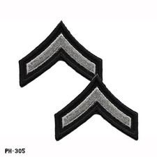 PAIR Private Chevron Rank Patches ~ Black & Grey ~ NOS Gemsco USA picture