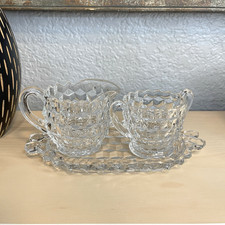 Vintage Fostoria American Cubist Pattern Clear Glass Open Creamer Sugar Tray Set picture