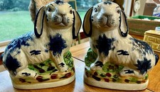 Staffordshire Style Ceramic Blue Bunnies/Rabbits Figurines - Pair-8
