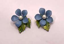 Vintage blue flower daisy leaf clip on earring enamels pearl picture