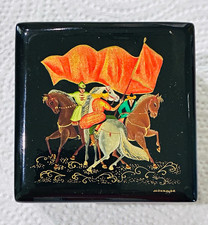 Vintage and Vibrant Russian Lacquer Trinket Box Hand-Painted Horse Rider; Velvet picture