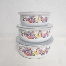 Vintage Set Of 3 Enameled Metal Nesting Storage Bowls With Lids Floral picture