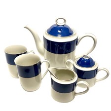 Vintage GCT Nagoya Japan Blue & White Gold Trim Tea Coffee Set Mid Century picture