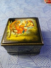 Russian Black Lacquer Hand Painted Trinket Box Hinged.  picture