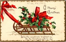 Postcard A Merry Christmas Holly Sled Red Ribbon #51340 A/S Ellen H. Clapsaddle picture