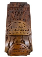 Custom Harley-Davidson Themed Hand Carved Wood Jacket Chaps Rack Vickie 14in picture