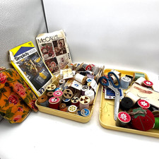 Vintage Sewing Lot Thread Spools Scissors Tomato Pin Cushion McCall’s Floral picture