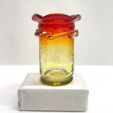VTG Kanawha Amberina Red Yellow Art Glass Bud Vase Holder Ruffled Top Rigaree EC picture