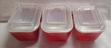 Pyrex 3 Sets 501 Red Fridge Dishes & Ribbed Covers 1-1/2 Cup USA Vtg Retro picture