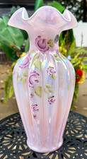 VHTF Fenton***IRIDIZED SHELL PINK OVERLAY HP ROSES MELON VASE****1988..Stunning picture