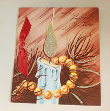 Vtg 50s Christmas Card USA Candle Red Ribbon Mica Glitter NOS Colortype Created picture