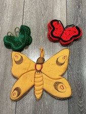 Vintage Set of Two Hand Crocheted & 1 Fabric Butterfly Fridge Magnets HOMEMADE picture