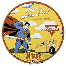 VINTAGE CONOCO N-TANE SUPERMAN PORCELAIN SIGN ALMOST JEALOUS OF YOU GAS STATION picture