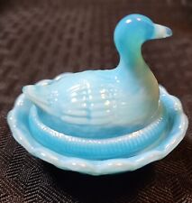 Boyd Crystal Art Glass Duck On A Nest Salt Cellar Blue Slag Color 2 Line picture