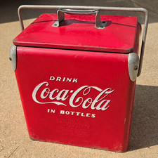 Vintage 1950s Coca-Cola Action Mfg Metal Cooler w/ 5¢ Bottle Carrier Coke picture