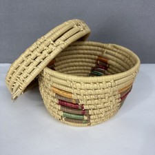 Vtg Hand Woven Basket with Lid wicker rattan rustic boho picture