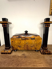 Vintage tessellated penshell tea caddy accompanied by matching columnar pedestal picture