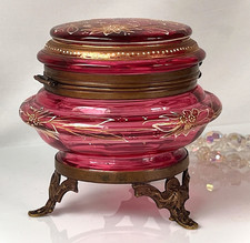 Antique Cranberry Glass Hinged Box Bohemian Moser Style Enameled Jewelry Casket picture
