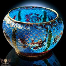 Antique Chinese Miniature Cloisonné Bowl Blue Floral Translucent Enamel Brass picture