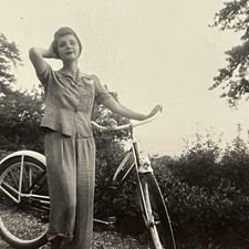 Vintage Snapshot Photograph Beautiful Young Woman Hand Behind Head Bike Bicycle picture