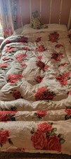 Gorgeous  Vintage Eiderdown Feather Quilt  Red Roses on Satin 60 x 50 inch  picture