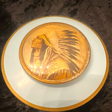 Vintage Round Metal Powder Box Tin w/ Native American Chief Lid, Made in USA picture