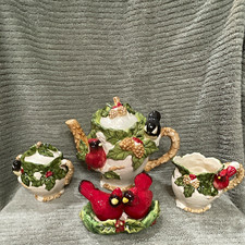Cracker Barrel Cardinals Holly Ceramic Glazed Tea Set 5pc Teapot + Shakers picture
