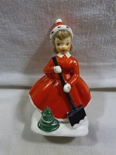 Vintage Napco (?) Japan Ceramic Christmas Shopper Girl with Snow Shovel Figurine picture