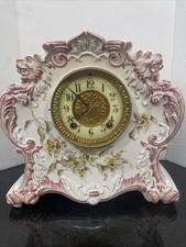 Antique Wm L Gilbert Porcelain Mantel Clock No. 411  White & Pink Porcelain Dial picture