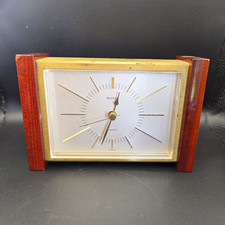 Vintage Bulova Quartz Desk Clock Germany Gold Tone Wood Tested Working picture