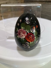 Vintage Wooden Egg Hand Painted with Floral Design on Black Background  picture