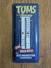 Vtg 50s Tums For The Tummy Thermometer Metal Advertising Sign 9x4
