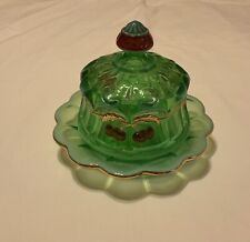 Mosser Decorated Cherry Thumbprint Green Opalescent Butter Dish Gold Trim VG picture