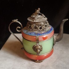 Chinese Cloisonne-Style Enamel Teapot w/ Lid, Dragon, Lion Mask, Metal picture