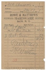 1917 Receipt, Rowe & Matthews Hardware, Bath, New York, Plumbing, Heating picture